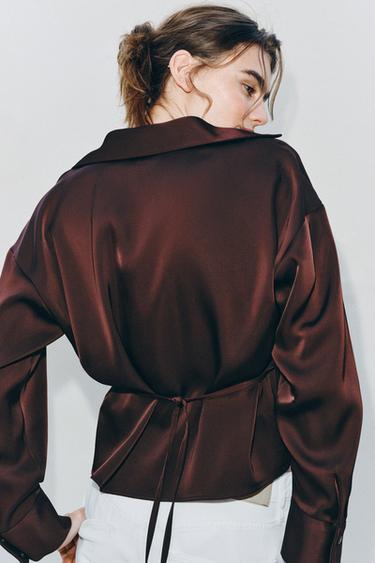 SATIN BLOUSE WITH BELT - Chocolate brown by Zara - Image 2