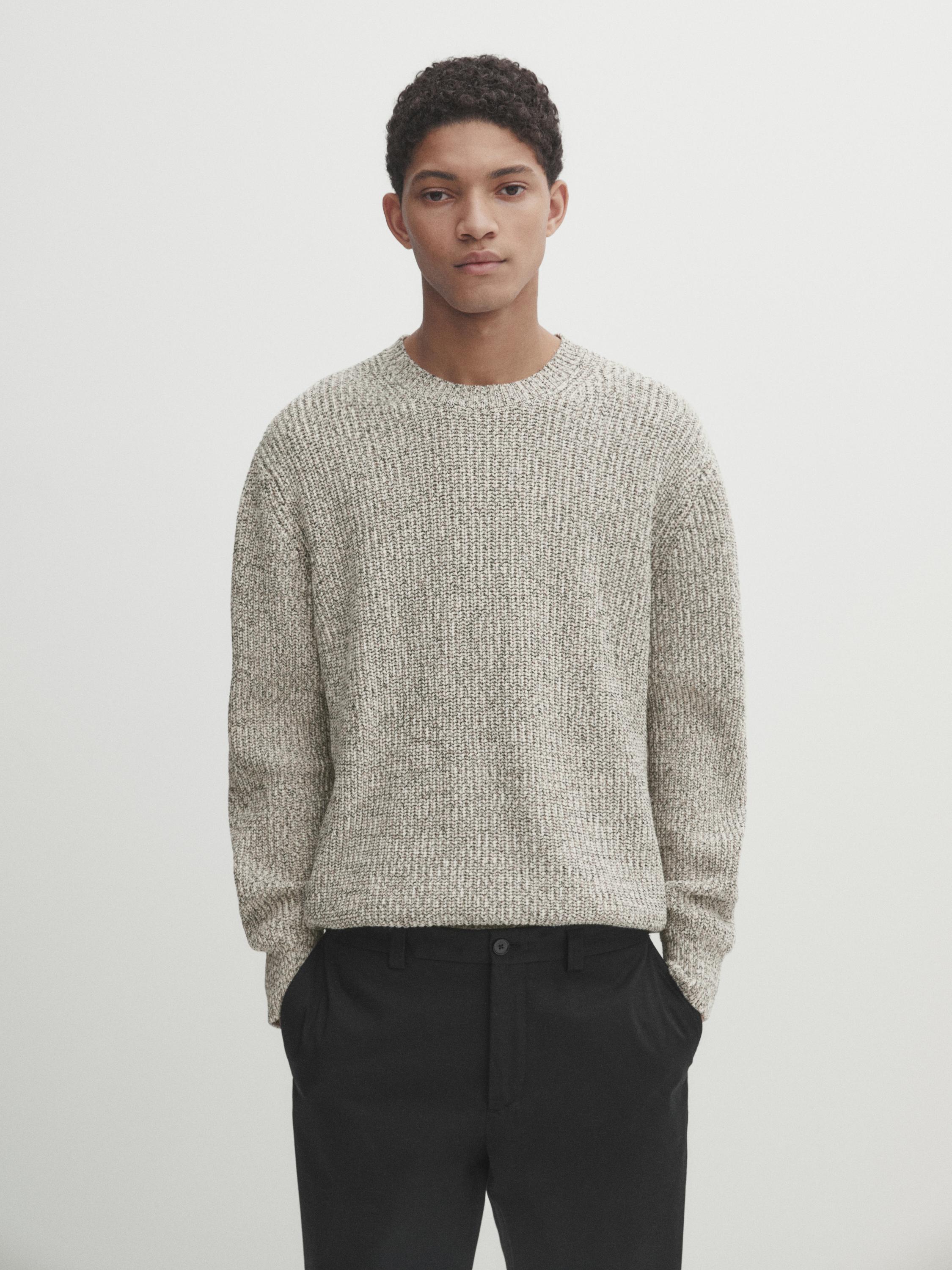 Cotton blend knit sweater with crew neck - Ecru | ZARA United States