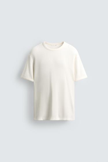 Zara CHECKERED STRUCTURE T-SHIRT - Ecru