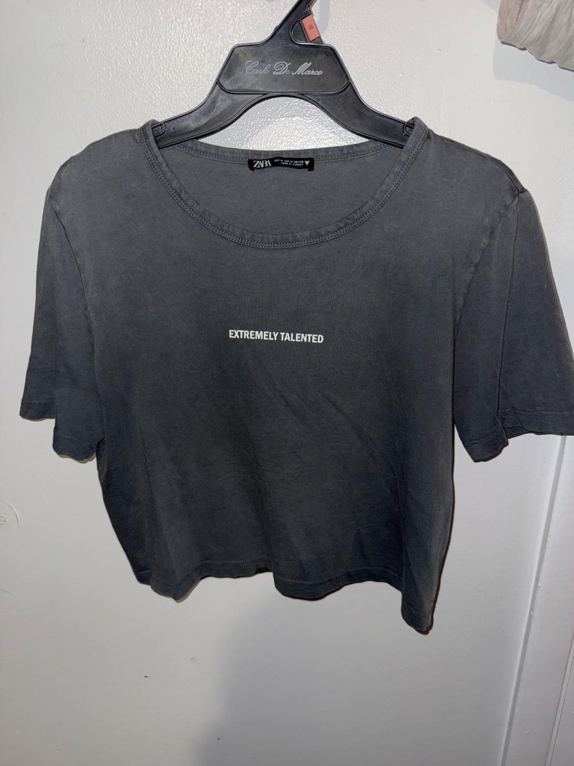 Dark gray short-sleeved t-shirt hanging on a black hanger against a white background. Legible text: EXTREMELY TALENTED, ZARA, Carlo De Marco.