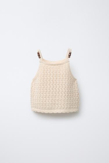 Zara BEADED KNIT TOP - Ecru