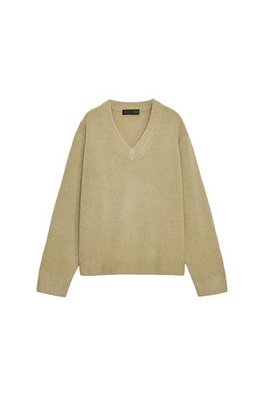 Zara 100% WOOL V-NECK JUMPER - Olive Green