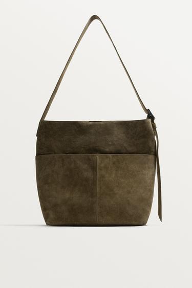 SAC SHOPPER EN CUIR - Vert kaki de Zara