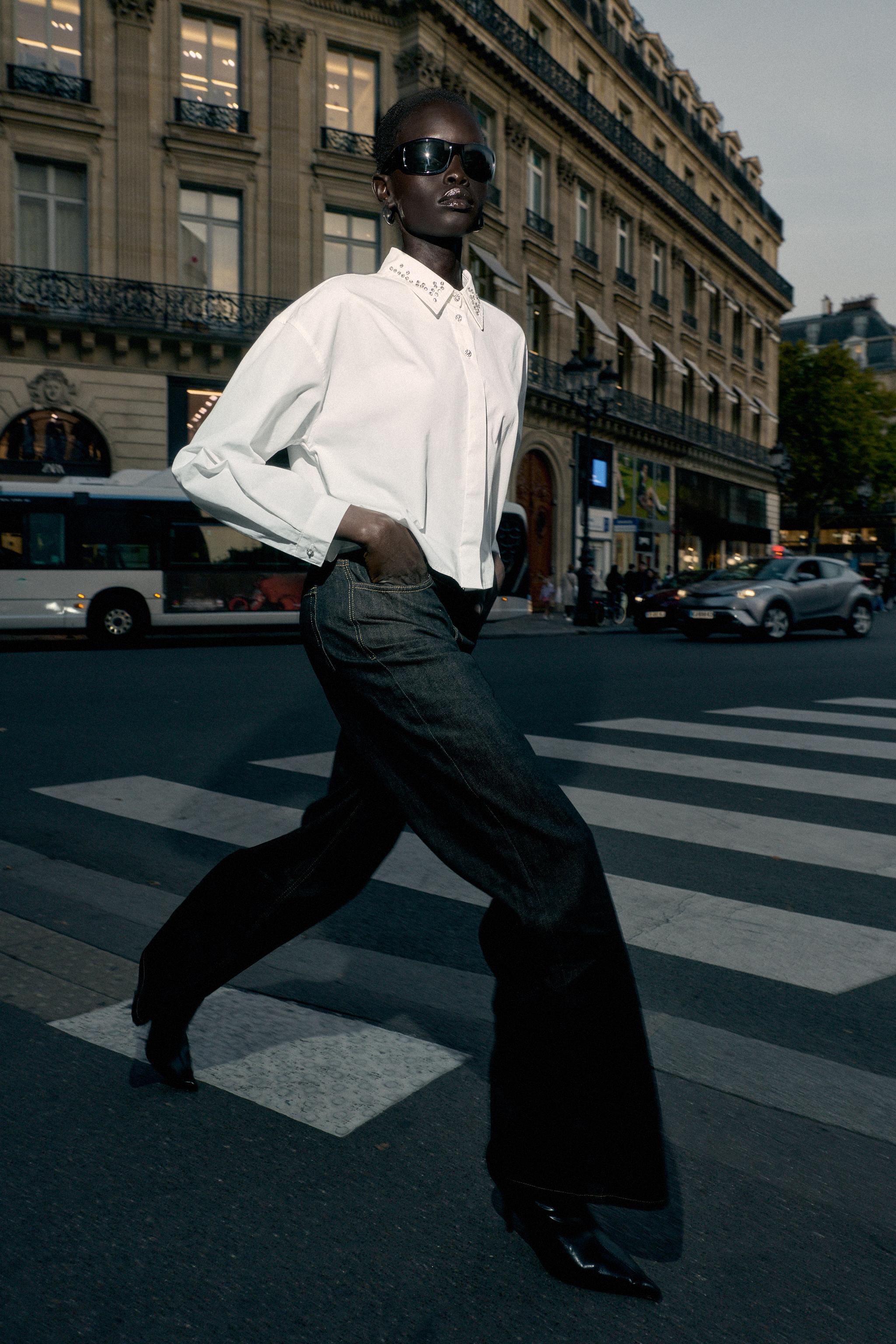 CHEMISE COURTE EN POPELINE À FANTAISIE BIJOU