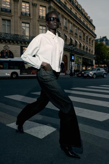 CHEMISE COURTE EN POPELINE À FANTAISIE BIJOU - Blanc de Zara - Image 4