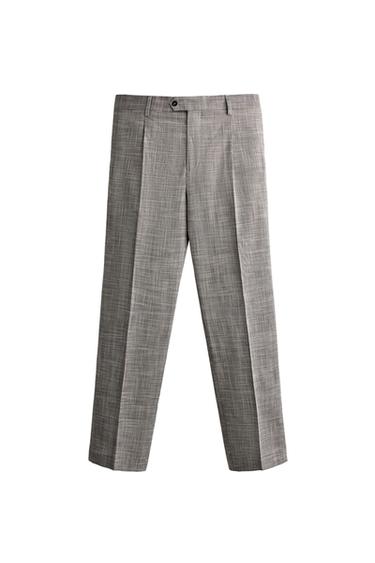 PANTALON DE COSTUME À CARREAUX ET PLIS EN LAINE - Gris clair de Zara