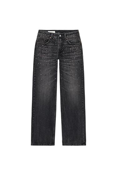 JEANS TRF STRAIGHT STRASS SHTRAT I ULËT - E zezë nga Zara