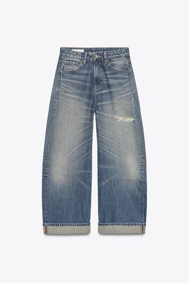 Zara TRF MID-RISE RIPPED BAGGY FOLDED JEANS - Navy blue
