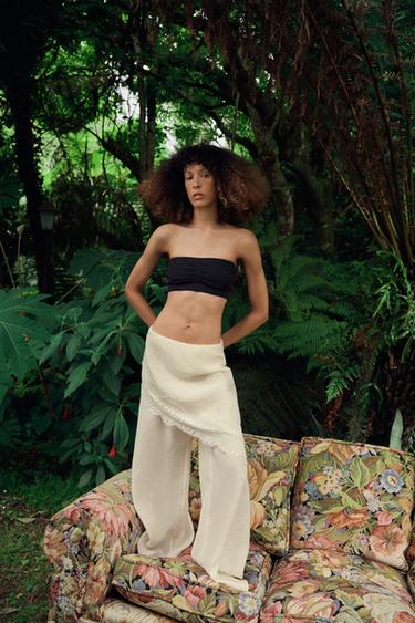 PANTALÓN PAREO ANCHO ENCAJE - Crudo de Zara