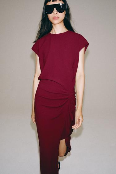 Zara ZW COLLECTION Ruffled MIDI DRESS - Burgundy