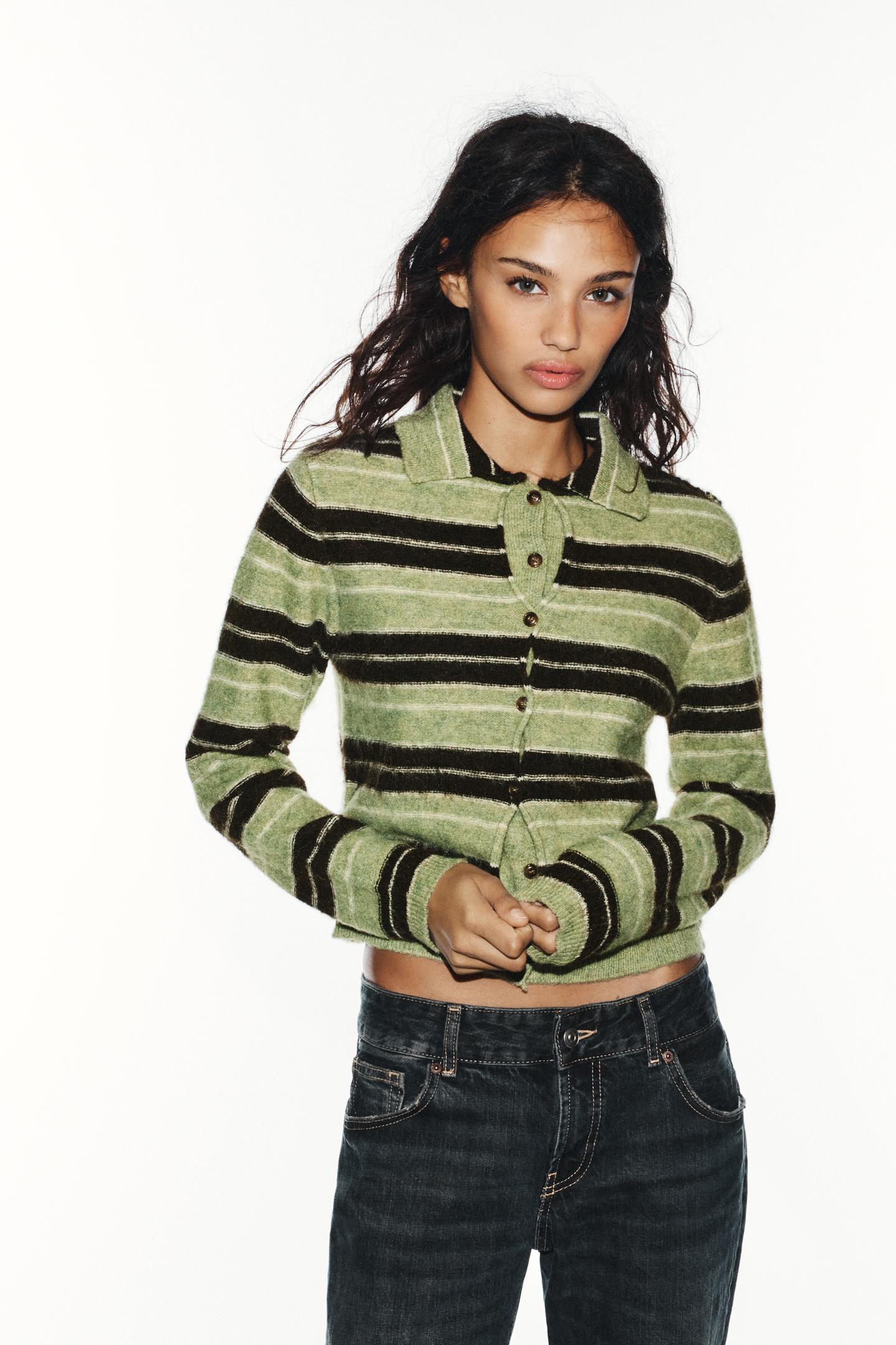 Женский кардиган Zara Striped, цвет: Коричневый / Зелёный — фото 2