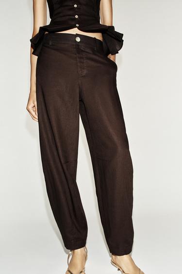 PANTALÓN BARREL CON LINO - Marrón de Zara