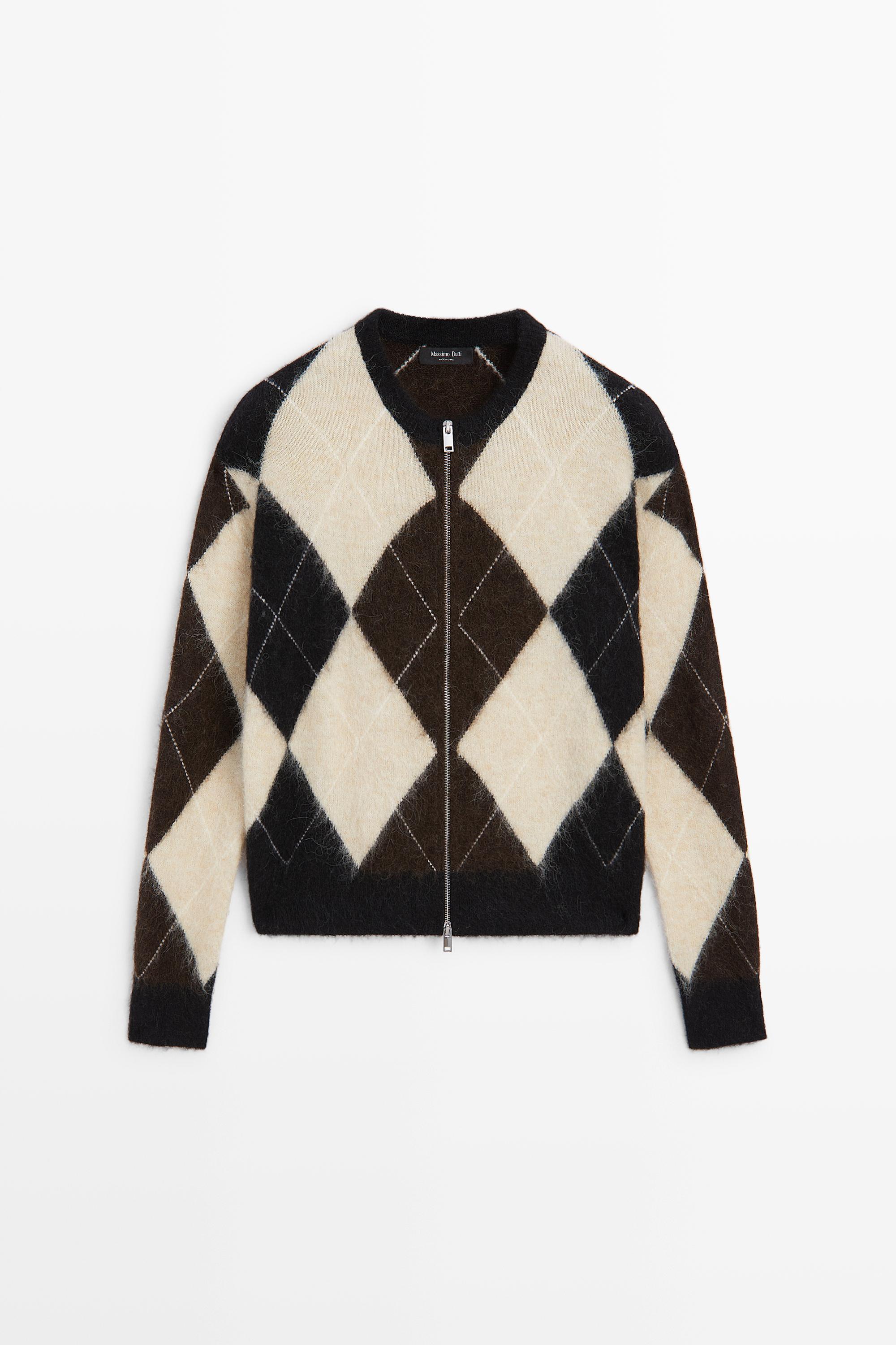 Wool-blend zip-up cardigan with diamond pattern
