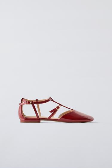 PATENT STRAPPY BALLET FLATS - Red by Zara