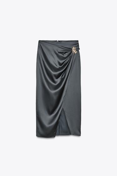 Zara SATIN MIDI SKIRT WITH GOLD APPLIQUÉ - Anthracite grey
