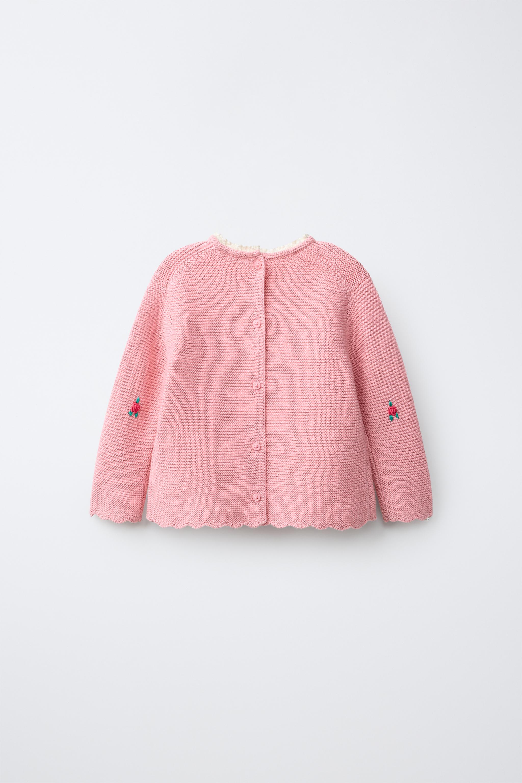 FLORAL EMBROIDERED AND LACE TRIM KNIT JUMPER — Light pink