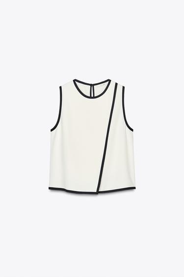CONTRAST PIPED CREPE TOP - Ecru / Black by Zara