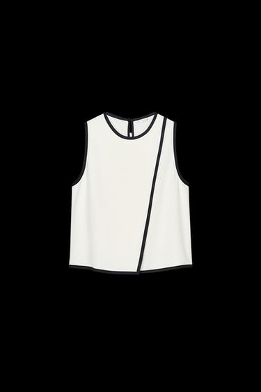 Zara CONTRAST TRIM CREPE TOP - Ecru / Black - Image 0