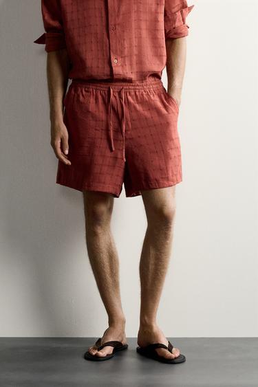 SHORT JACQUARD À CARREAUX LIN - COTON - Tuile de Zara
