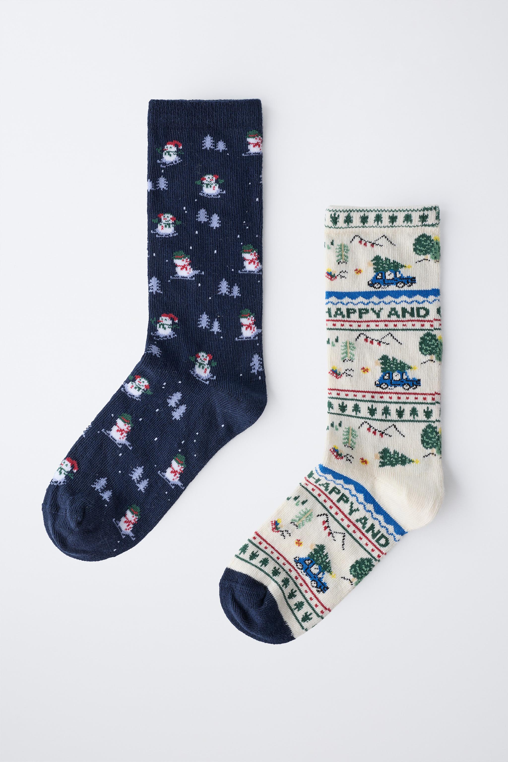 LOT DE DEUX PAIRES CHAUSSETTES AVEC ARBRES ET BONHOMME NEIGE