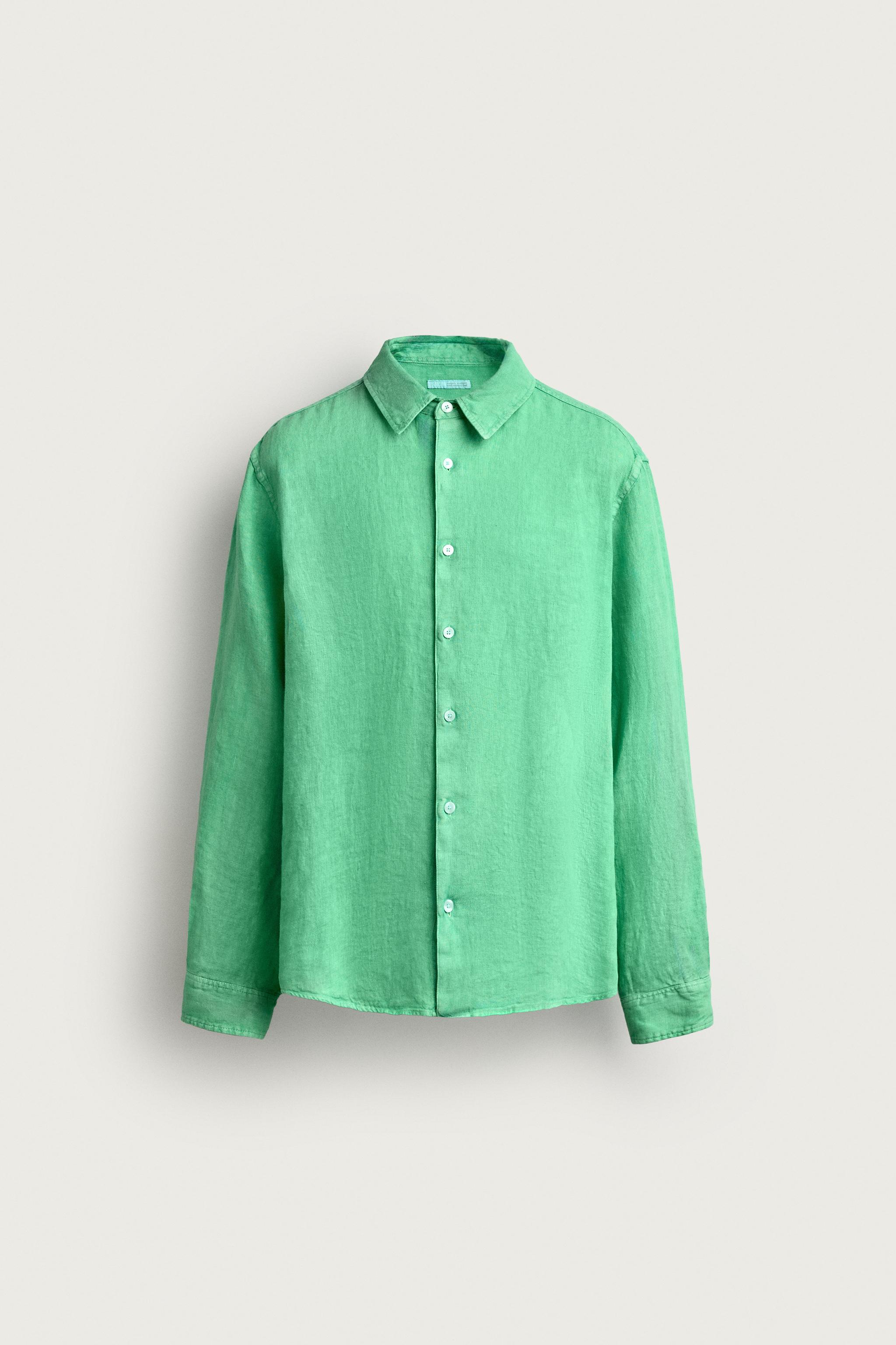 100% LINEN REGULAR FIT SHIRT — Neon green