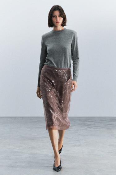 Zara ZW COLLECTION SEQUIN MIDI SKIRT - Brown / Taupe