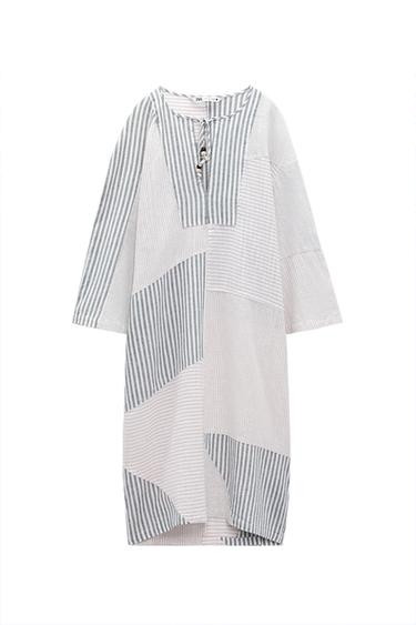 LINEN BLEND PATCHWORK KAFTAN DRESS