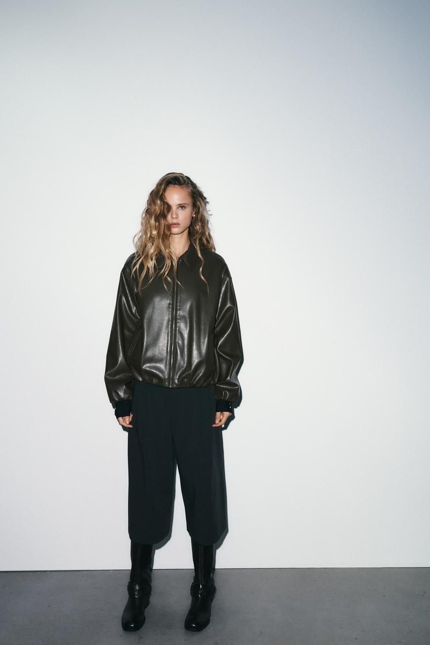 FAUX LEATHER JACKET WITH ELASTICATED DETAILS - Green marl | ZARA 