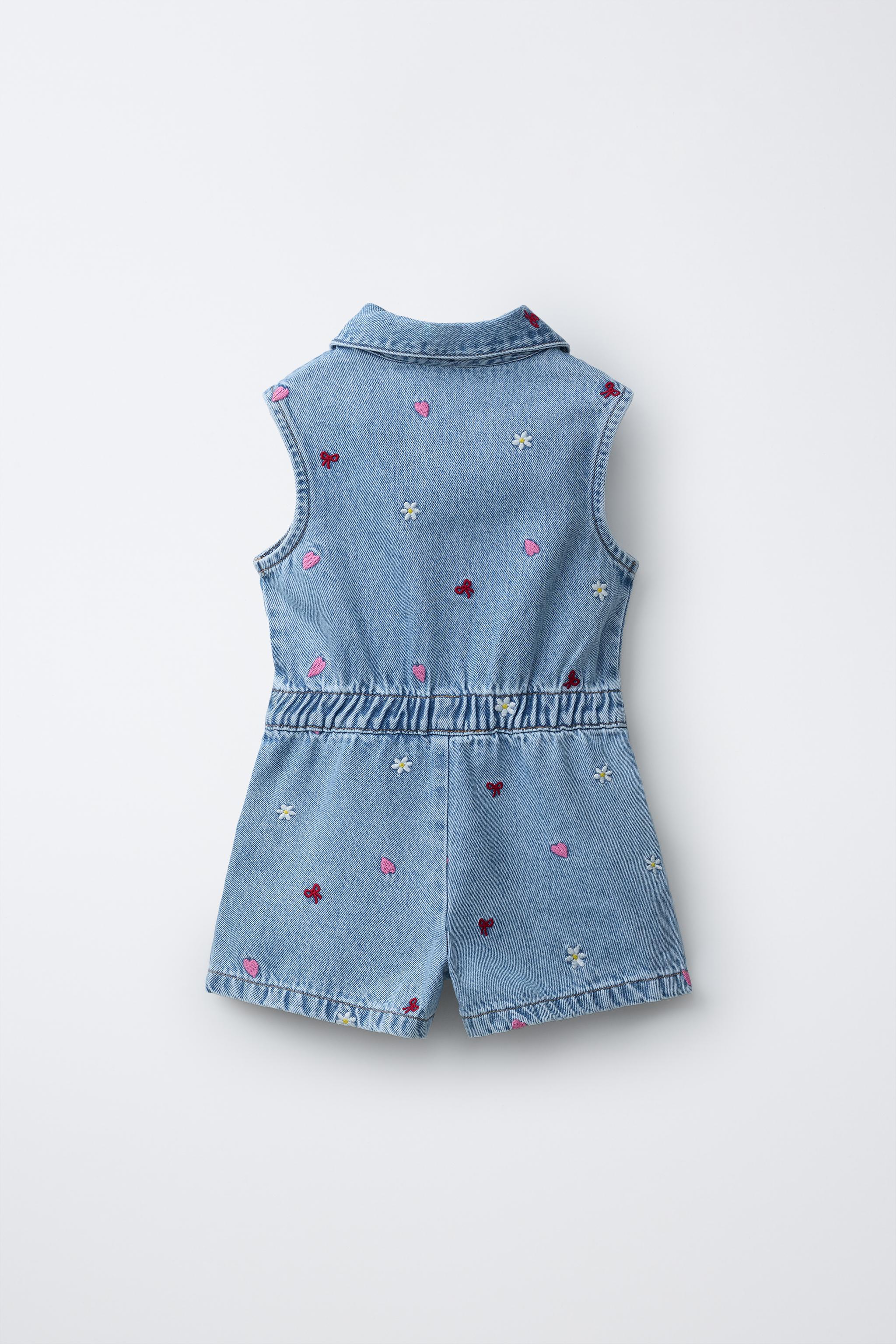 【andmary 】Ribbon denim allinone S EMBROIDERED SHORT DENIM JUMPSUIT - Mid-blue | ZARA Canada
