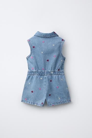 DENIM SHORT JUMPSUIT WITH EMBROIDERY - Mid-blue by Zara - Image 1