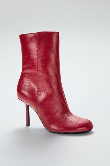 LEATHER HEELED ANKLE BOOTS - Red by Zara