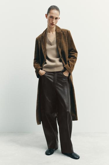 Zara ZW COLLECTION LEATHER COAT - Olive green