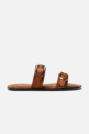 FLACHE SANDALE MIT DOPPELRIEMEN UND SCHNALLE - Braun von Zara