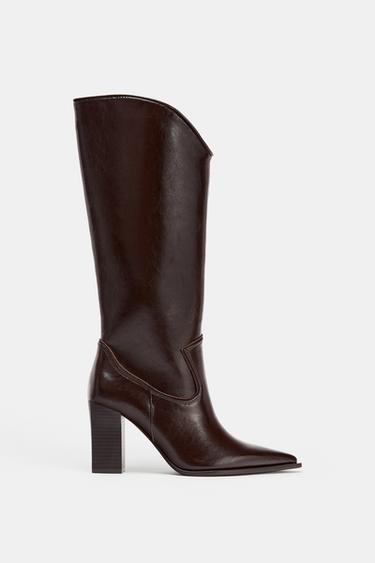 Zara ASYMMETRIC SHAFT COWBOY BOOTS - Brown