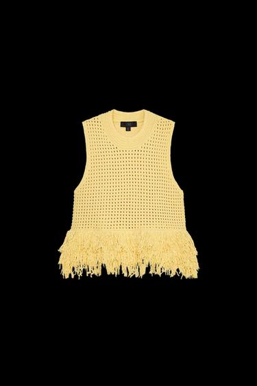 CHECK KNIT TOP WITH FRINGING - Yellow by Zara - Image 0