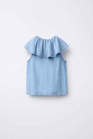BLOUSE EN DENIM FLUIDE À VOLANT - Bleu de Zara - Image 1
