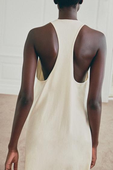 Zara 長版棉質洋裝 - 裸色