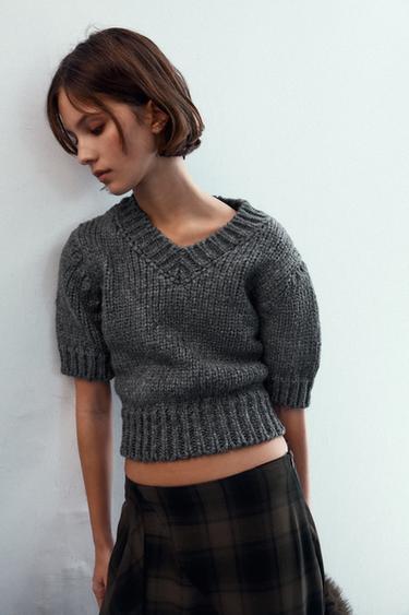 Zara CROPPED KNIT V-NECK SWEATER - Gray