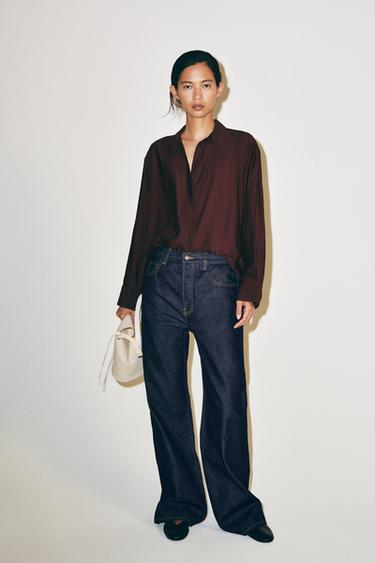 Zara ZW 系列素色胸前拼接襯衫 - 茄紫色 - 圖片 0