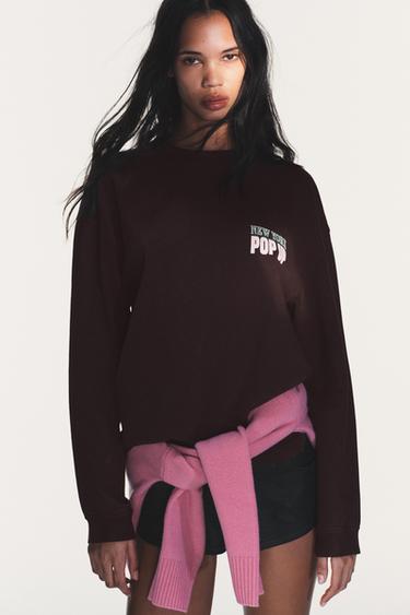 Zara WASHED CONTRAST TEXT T-SHIRT - Brown