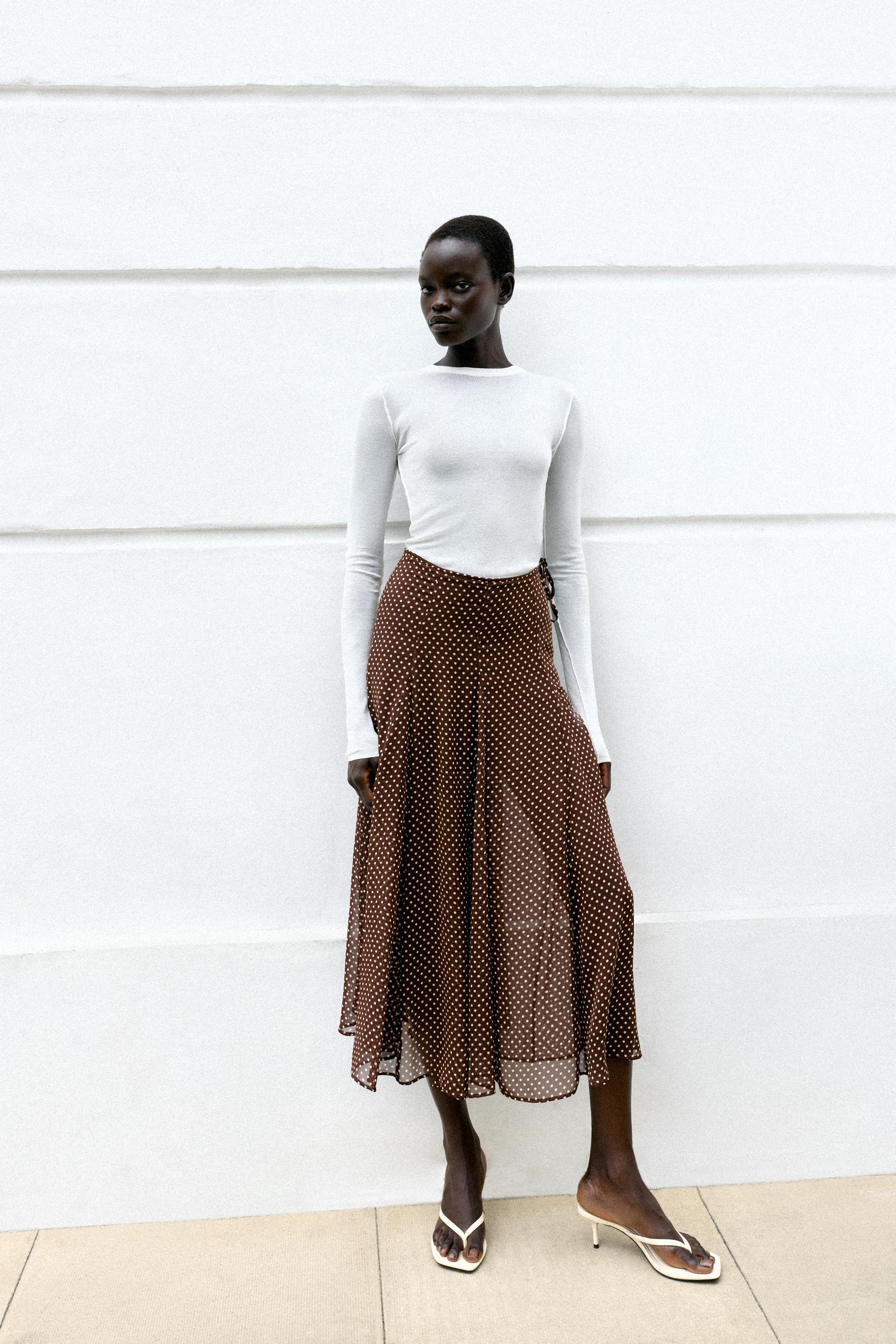 POLKA DOT MIDI SKIRT — Brown / Ecru
