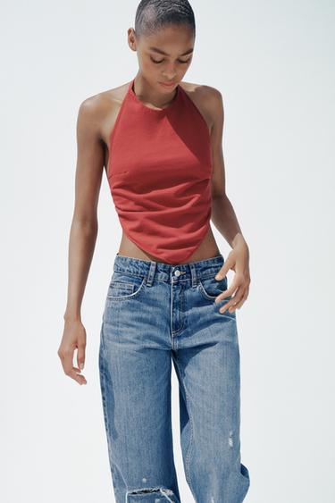 Zara OPEN-BACK HALTER TOP - Red