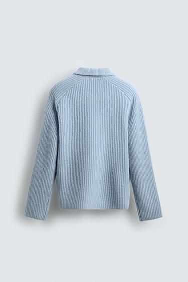 POLO EN MAILLE PERLÉE AVEC MÉLANGE DE LAINE - Bleu ciel de Zara - Image 6