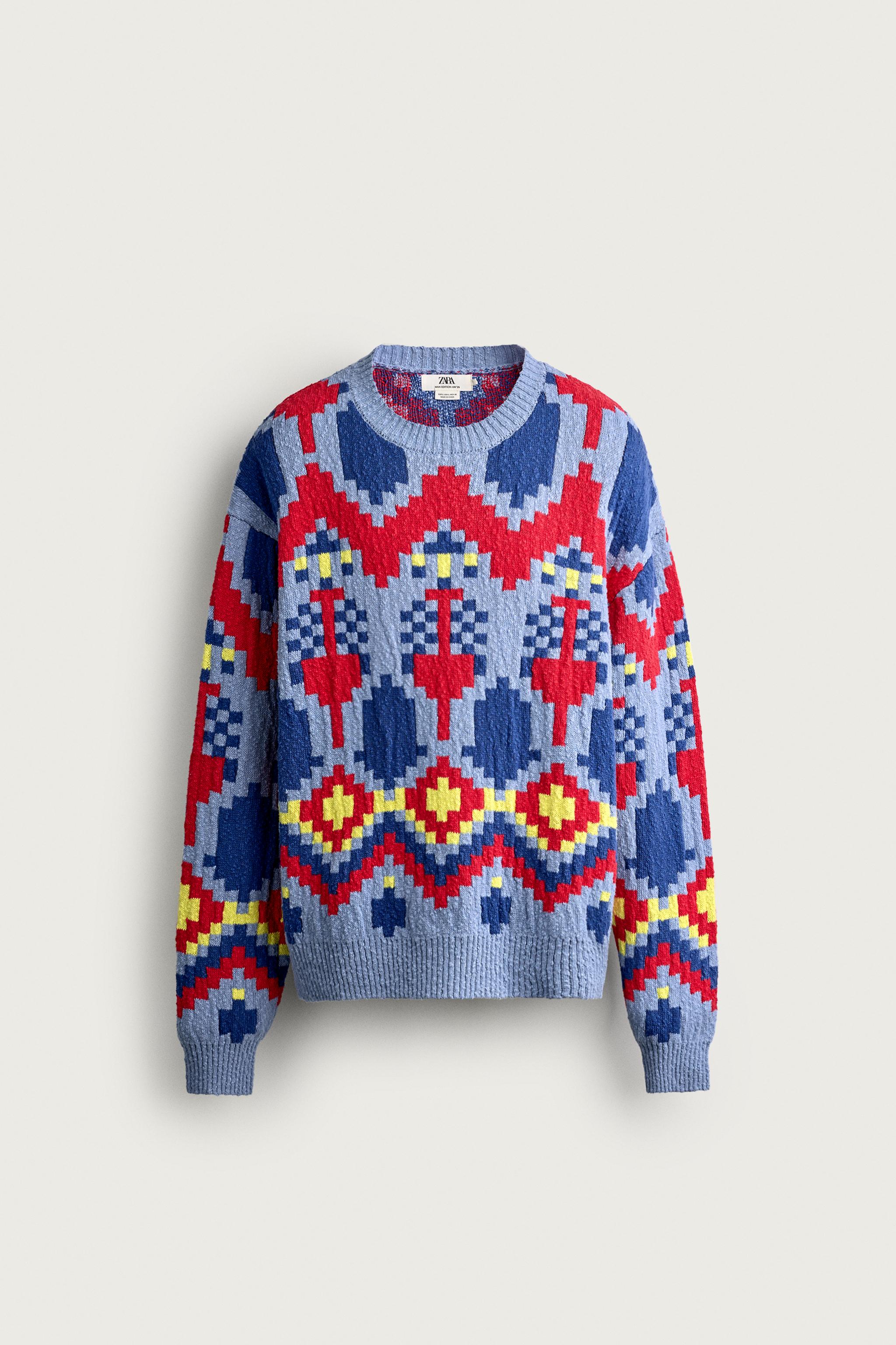 GEOMETRIC JACQUARD RELAXED FIT SWEATER — Light blue