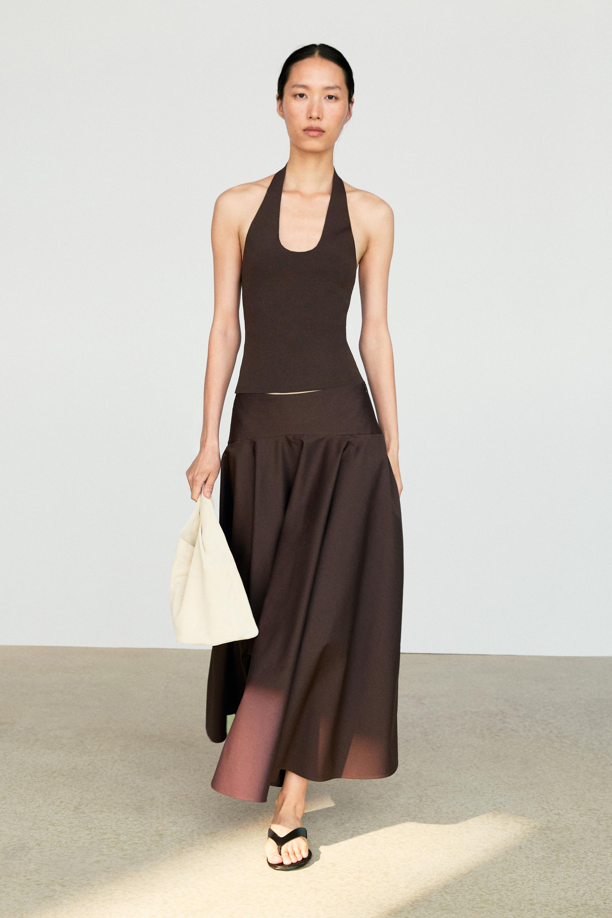 Flounce midi skirt with yoke detail — Brown