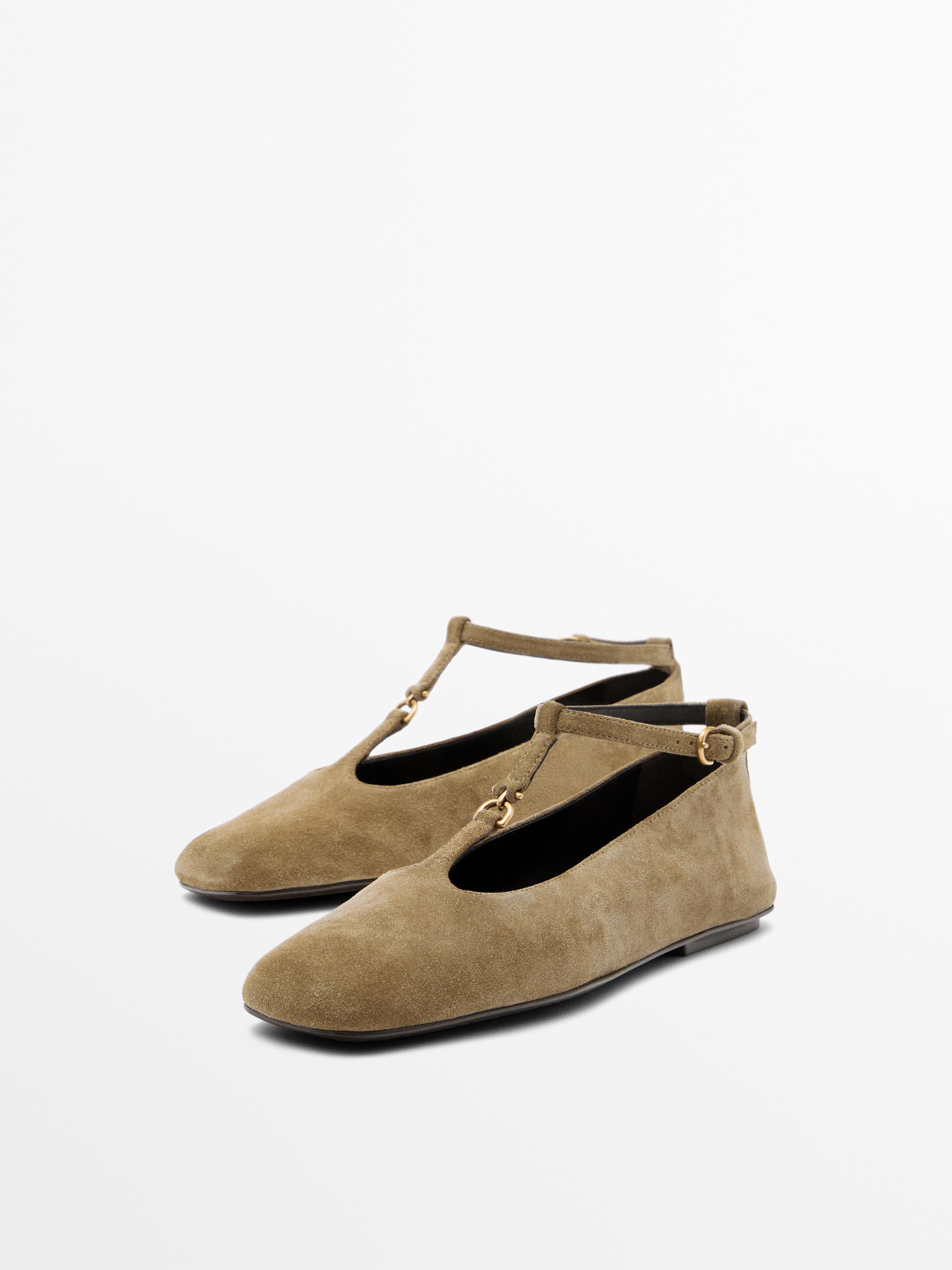 Split suede ballet flats with instep strap