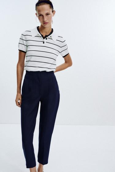 Zara PANTS WITH A HIGH WAIST - Navy blue