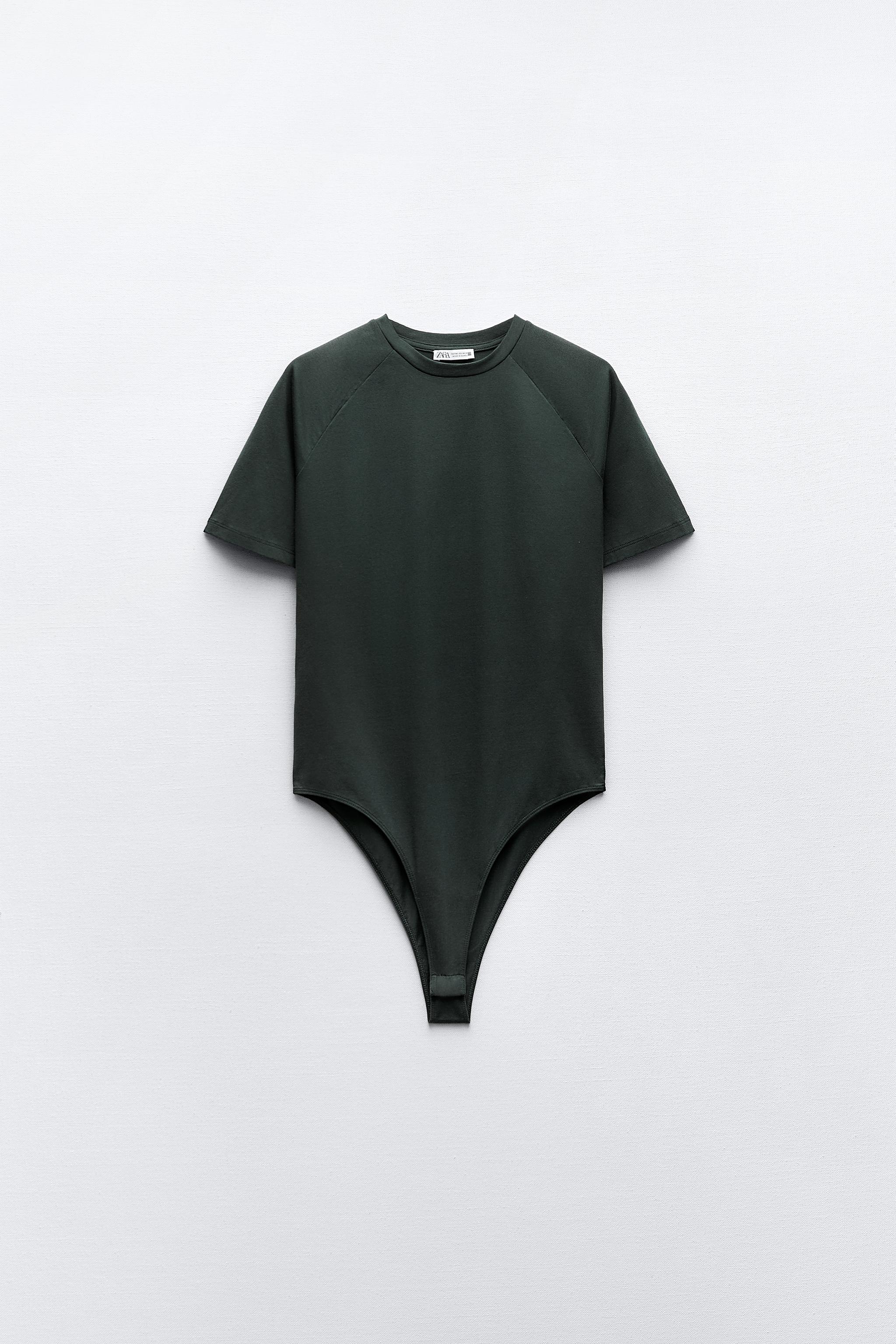 Zara Ruffle Sleeve Bodysuit Green Womens Size S/M Cotton Stretch