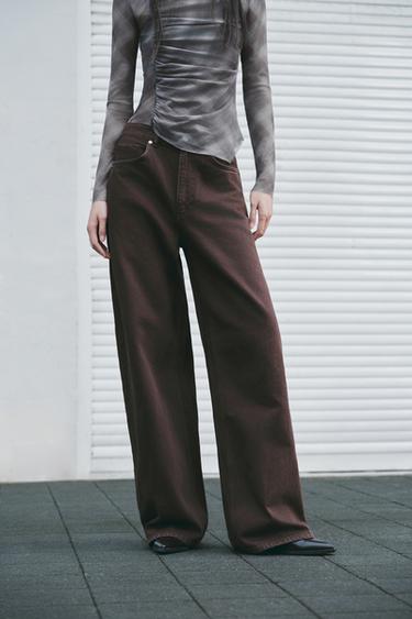 Zara TRF 超寬管高腰牛仔褲 - 棕色