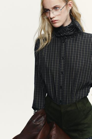 РУБАШКА В КЛЕТКУ С ХЛОПКОВЫМ ПЛАТКОМ — Черный / Цвет небеленого полотна от Zara